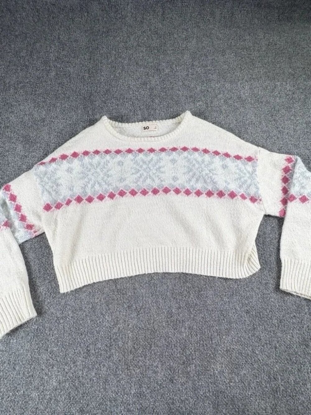 SO Sweater Women's‎ XL Ivory Fair Isle Metallic Fuzzy Cropped Nordic Après Ski
